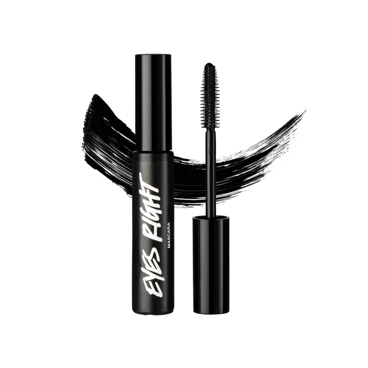 A tube and wand of Eyes Right mascara, both made of black Lush plastic, are positioned in front of a swatch of black mascara.
