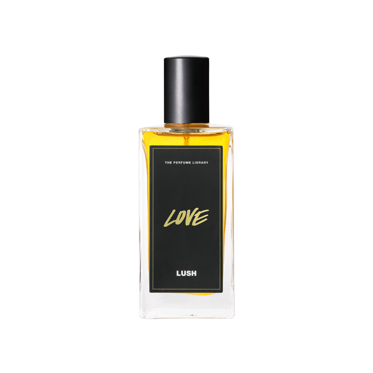 A glass perfume bottle filled with light amber liquid. A black label reads 'The Perfume Library' and 'Love'.